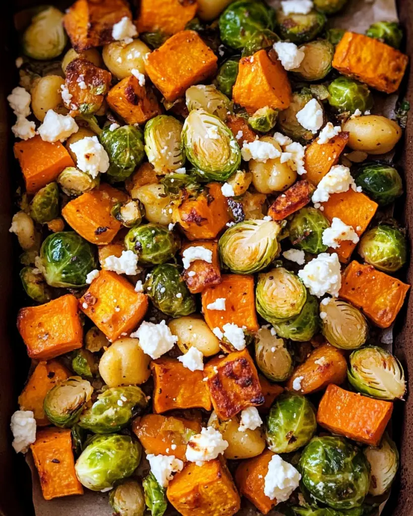 Ein Blech-Gnocchi mit Süßkartoffel, Rosenkohl und Feta