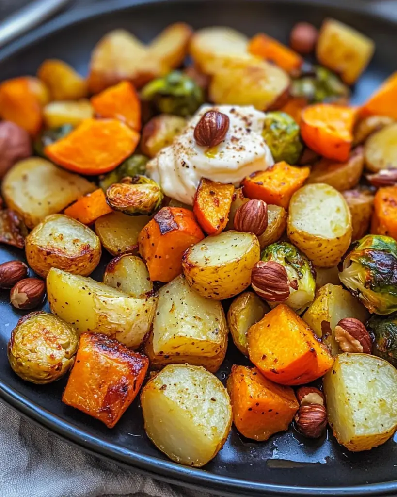 Ofengemüse vom Blech mit Kürbis, Kartoffeln & Rosenkohl