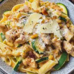 Zucchini Parmesan Pasta mit Hähnchen und Pinienkernen