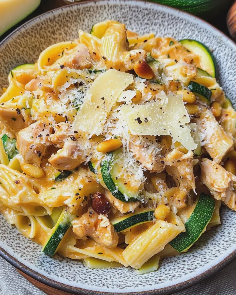 Zucchini Parmesan Pasta mit Hähnchen und Pinienkernen